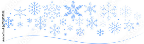 Snowflakes background isolated vector, snowflakes group with stars banner, Christmas border decoration. Happy New Year 2026. Snowflake set. Snowflake snow freeze winter thin line icon