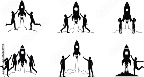 Silhouette rocket launch celebration, teamwork success, innovation concept, startup energy, project launch, business growth, excitement, collaboration, achievement moment