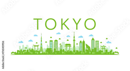 Green Tokyo Skyline Silhouette Vector Illustration
