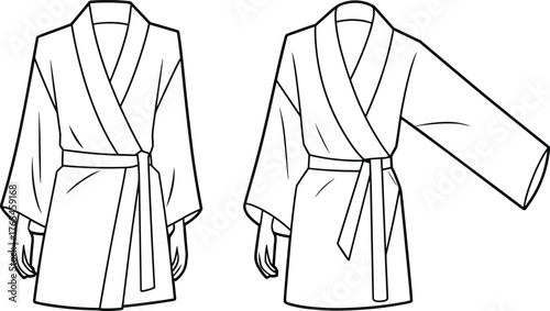 Kimono robe fashion flat sketch, bathrobe technical drawing, garment design template, vector fashion illustration for sewing pattern and apparel CAD