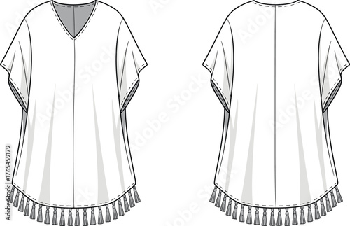Short kaftan top flat sketch with tassel hem, loose V-neck poncho blouse front and back fashion template