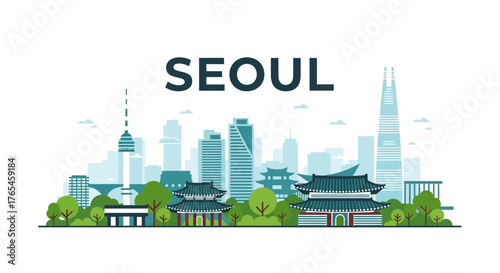 Seoul City Skyline with Traditional Korean Palaces and Modern Skyscrapers