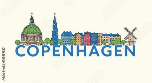 Copenhagen Skyline Landmark Illustration with Text
