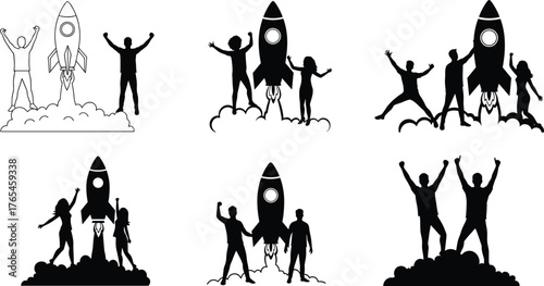 Silhouette rocket launch celebration, teamwork success, innovation energy, startup achievement, motivational pose, progress concept, victory moment, business growth