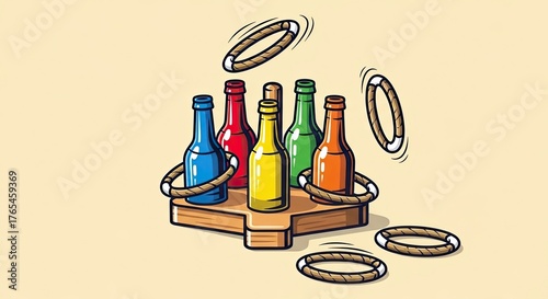 Ring Toss Game with Colorful Bottles and Flying Rings.