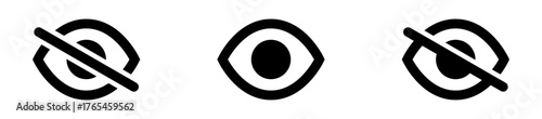 Set of eye and hidden view icons in minimal black design, symbolizing visibility and invisibility, privacy, hide, and show functions. Ideal for web, app, interface, security, and privacy concepts