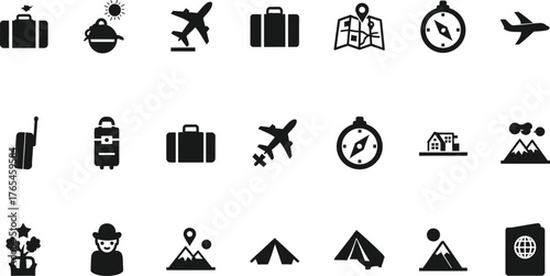 Collection of travel and adventure icons including suitcases airplanes compass maps tents mountains passport and more isolated on transparent background