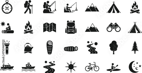 Collection of outdoor adventure and camping icons representing various activities and equipment isolated on transparent background