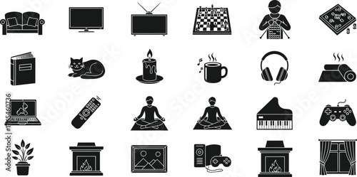 Collection of domestic and leisure activity icons representing home entertainment and relaxation isolated on transparent background