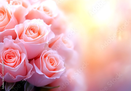 Wallpaper Mural Beautiful peach colored roses bouquet in blurred background with copy space, soft focus, pastel color theme, bokeh effect, close-up, sun rays, floral background Torontodigital.ca