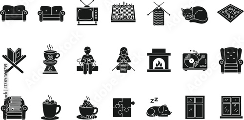 Collection of black and white silhouette icons representing home furniture and objects isolated on transparent background