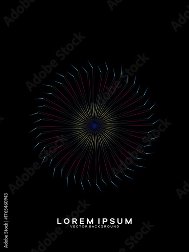 Music poster design background. Electro Sound Cover Template with dynamic abstract gradient circular geometric line shapes for t-shirt screen printing, technology, digital, party, festival and club.