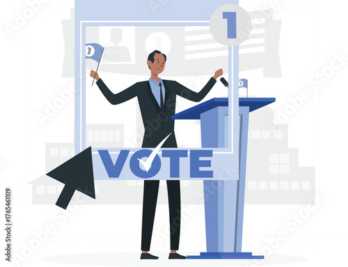 Politician Speaking at Podium with Vote Cursor and Checkmark male speech