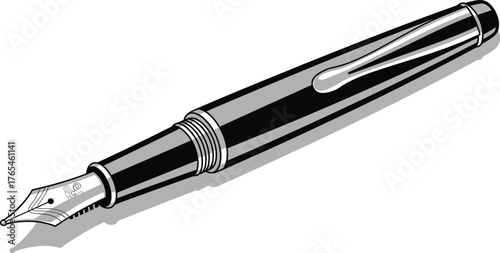 Classic black fountain pen with silver clip and nib detailed illustration isolated on transparent background