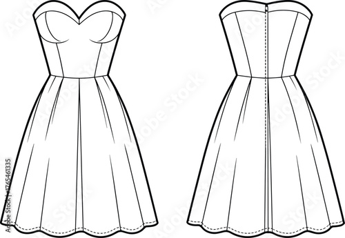 Sweetheart strapless flared dress fashion flat sketch, women midi dress technical drawing, clothing design template