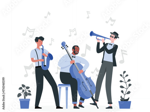 Three musicians playing saxophone, cello, and trumpet with musical notes in the background band jazz