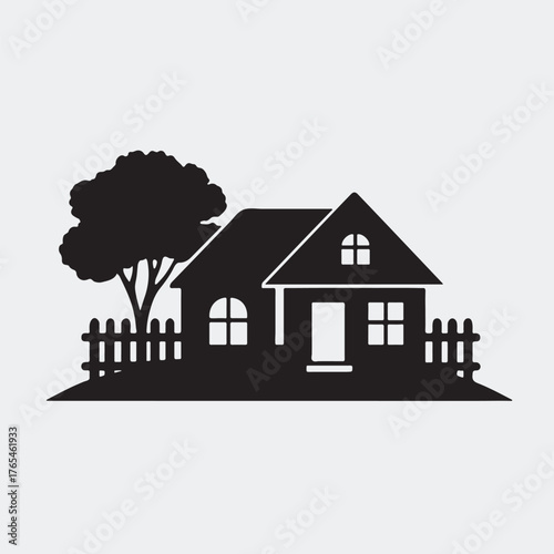 House Silhouette Icon – Suburban Home with Tree and Fence in Minimalist Style