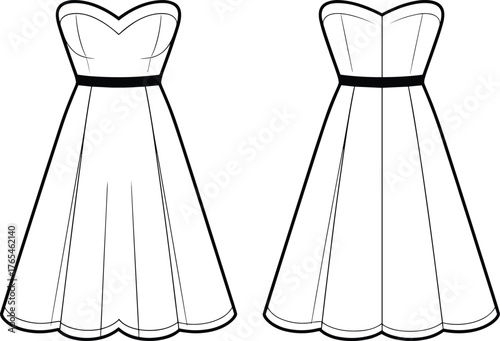 Strapless sweetheart dress fashion flat sketch, women evening gown technical drawing, clothing design template, front and back view illustration