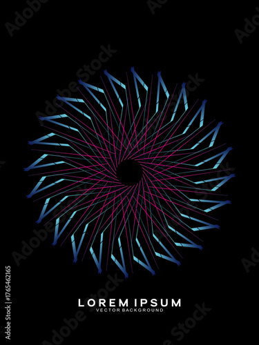 Music poster design background. Electro Sound Cover Template with dynamic abstract gradient circular geometric line shapes for t-shirt screen printing, technology, digital, party, festival and club.