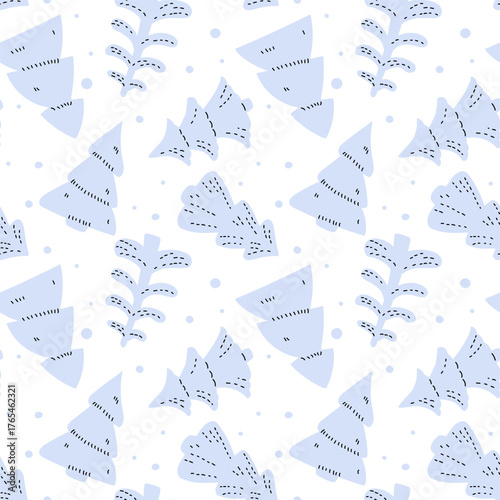 Seamless Christmas trees pattern. Doodle Vector illustration, Merry Christmas and Happy New year simple greeting card. Icon christmas tree and snow. Repeated template for textile, wrapping, wallpaper