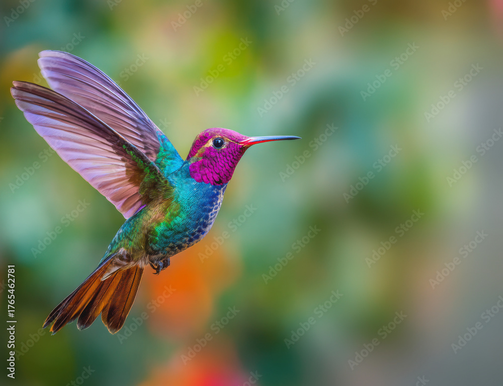 Fototapeta premium Hummingbird hovering gracefully in emerald light with vivid details and colors