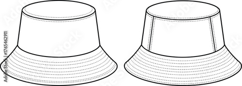 Bucket hat drawing, fashion design sketch, apparel vector, clothing template, garment illustration, casual headwear, stitched brim, panel crown, accessory design, fashion outline