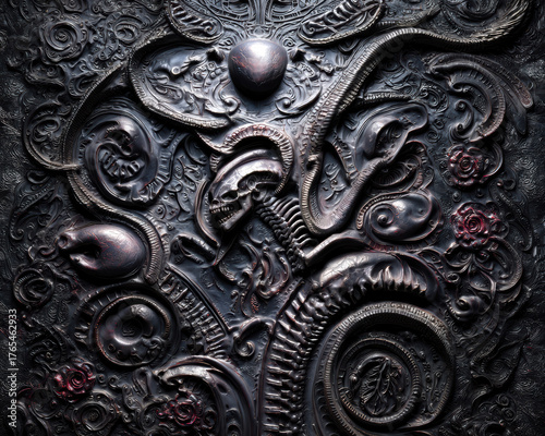 Fototapeta Naklejka Na Ścianę i Meble -  Hyper-realistic animation of a surreal black wax like textured wall with organic abstract forms
