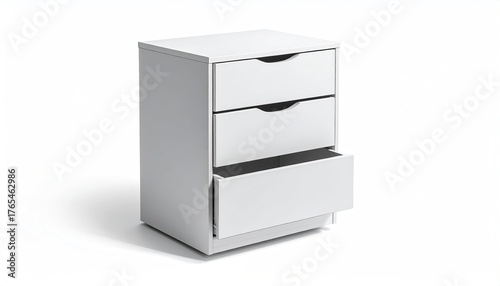 White chest with three drawers, bottom one open