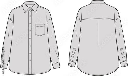 Button down shirt fashion flat sketch, technical drawing of women blouse, clothing design template, front and back view illustration