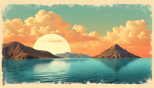 Vibrant retro island landscape with sunset reflections, vintage travel art