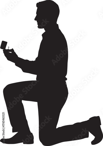 Marriage proposal man kneeling with ring box silhouette