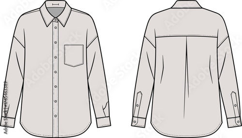 Button up shirt fashion flat sketch, technical drawing of women blouse, clothing design template, front and back view illustration
