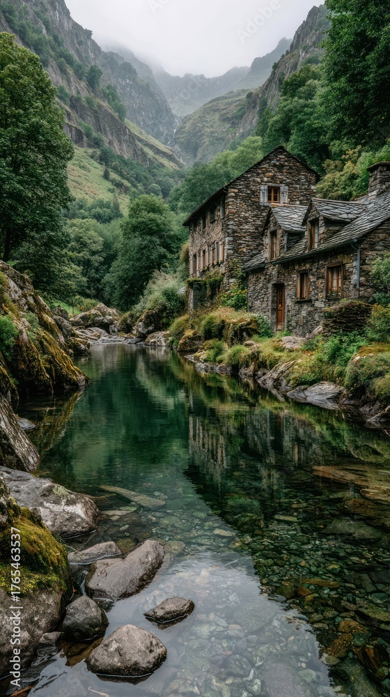 Fototapeta premium Ancient stone house by a clear river in a misty green mountain valley, serene reflections