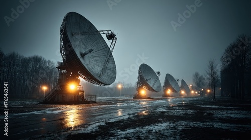 Array of large radio dishes under a misty night sky, illuminated by warm ground lights