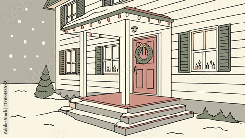 Illustration of a house decorated for christmas with snow falling and a wreath on the front door