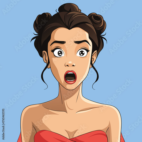 Astonished Expression: A cartoon depiction of a woman with a surprised expression, with open mouth, exuding a sense of shock and bewilderment.