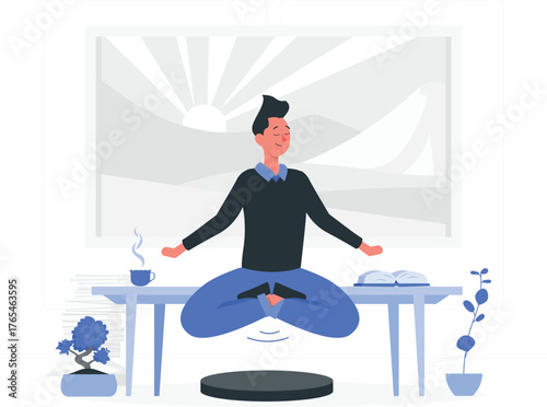 Man Meditating in Lotus Pose Above a Cushion yoga peace