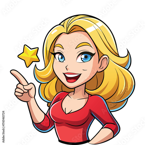 Idea Generation Cartoon: A vibrant cartoon illustration of a woman confidently pointing at the viewers and a golden star floating nearby, emphasizing a great idea.