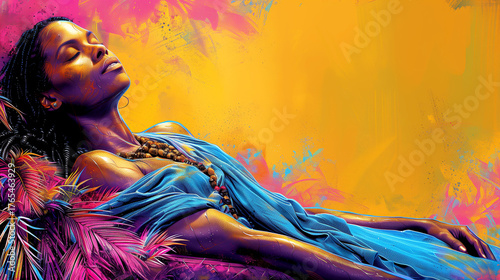 A woman is laying on a bed with a blue dress on