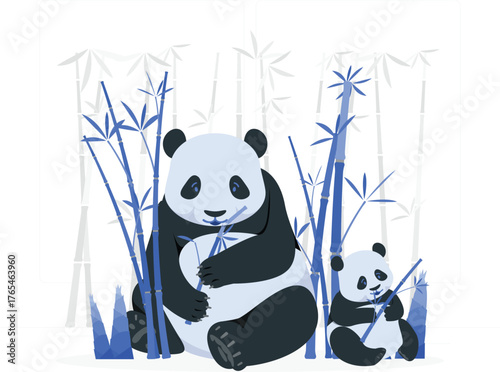 Adult Panda and Baby Panda Eating Bamboo in a Bamboo Forest giant panda bear
