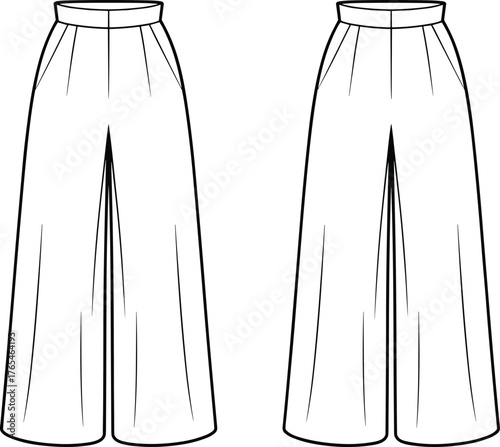 Wide leg palazzo pants fashion flat sketch, high waist trousers technical drawing, CAD vector illustration for garment design template