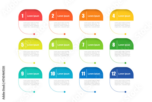 For business concept with 12 steps infographics, rectangle shape with multicolor label, design for workflow layout, diagram, annual report, web design. vector illustration