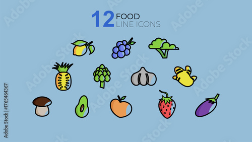 Set of 12 colorful food line icons fruits and vegetables in color, black, and white versions. Perfect for apps, UI design, packaging, and educational materials