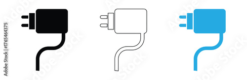 Power plug icons: black, outline, and blue for technology,Set of charger icons isolated on white background,Charger adapter icon.usb charging. Mobile phone charger. usb cell phone charger clip art
