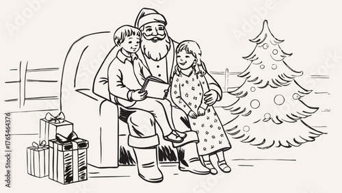 Santa reading a story to children near christmas tree and presents in a cozy room illustration