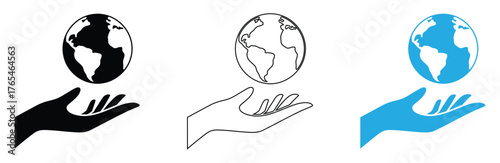 Flat charity icon showing globe,global aid, unity, and support.Caring hand cradles Earth icon for global protection and sustainability,Hand holding earth globe icons isolated on white background