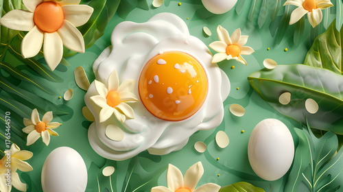 Spring sunflower and egg composition with green leaf background