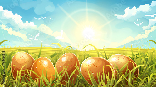 Sunlit easter egg display in vibrant green field under clear sky