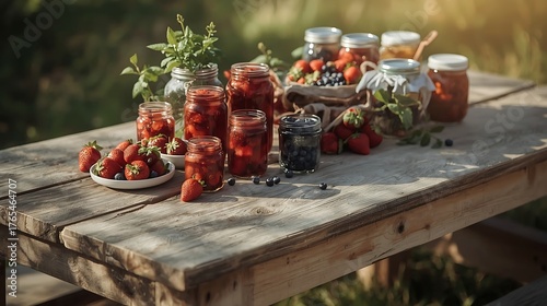 Homemade strawberry jam and fresh berries on a rustic wooden farm table in the summer sun