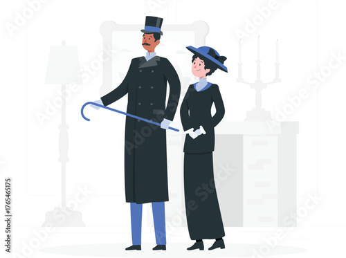 Victorian era couple in formal attire with a man holding a cane and a woman wearing a hat vector illustration